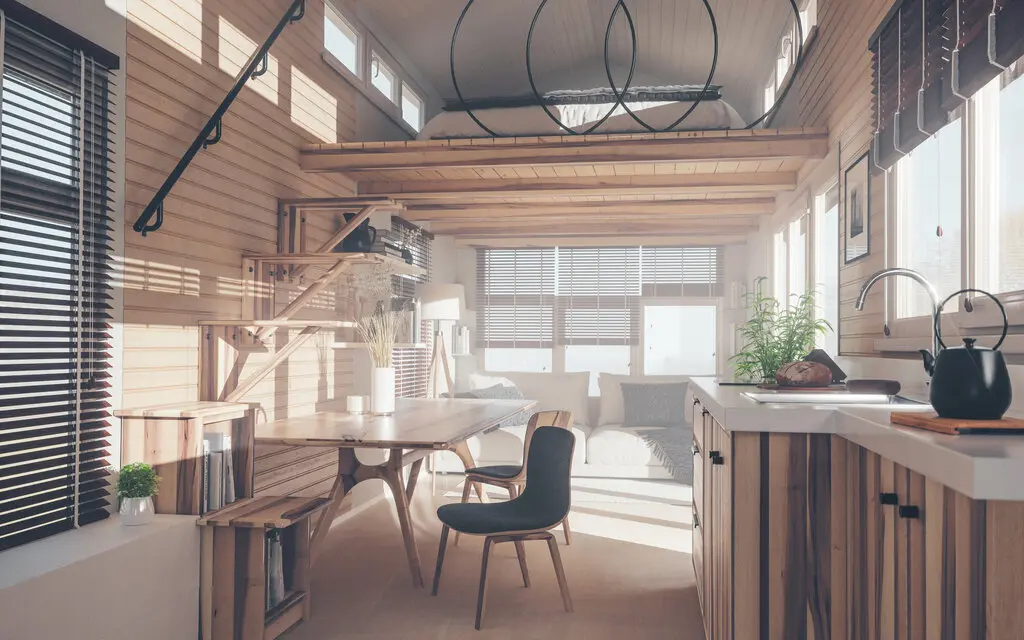 Tiny-House-bauen-30 Rustikales kleines Haus Innenarchitektur mit Küche, Wohnzimmer und Schlafzimmer im Zwischengeschoss in warmen Sonnenuntergang Licht.