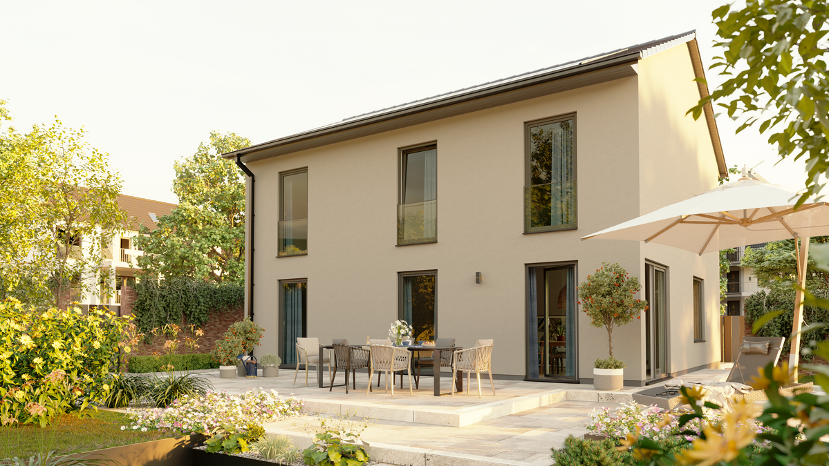 Modernes Stadthaus Flair 152 RE Novo mit offener Terrasse, stilvoller Sitzgruppe und liebevoll gestaltetem Garten